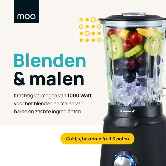 MOA Krachtige Blender - Met glazen kan - 1,5 liter - Zwart - 1000 Watt - TB61B