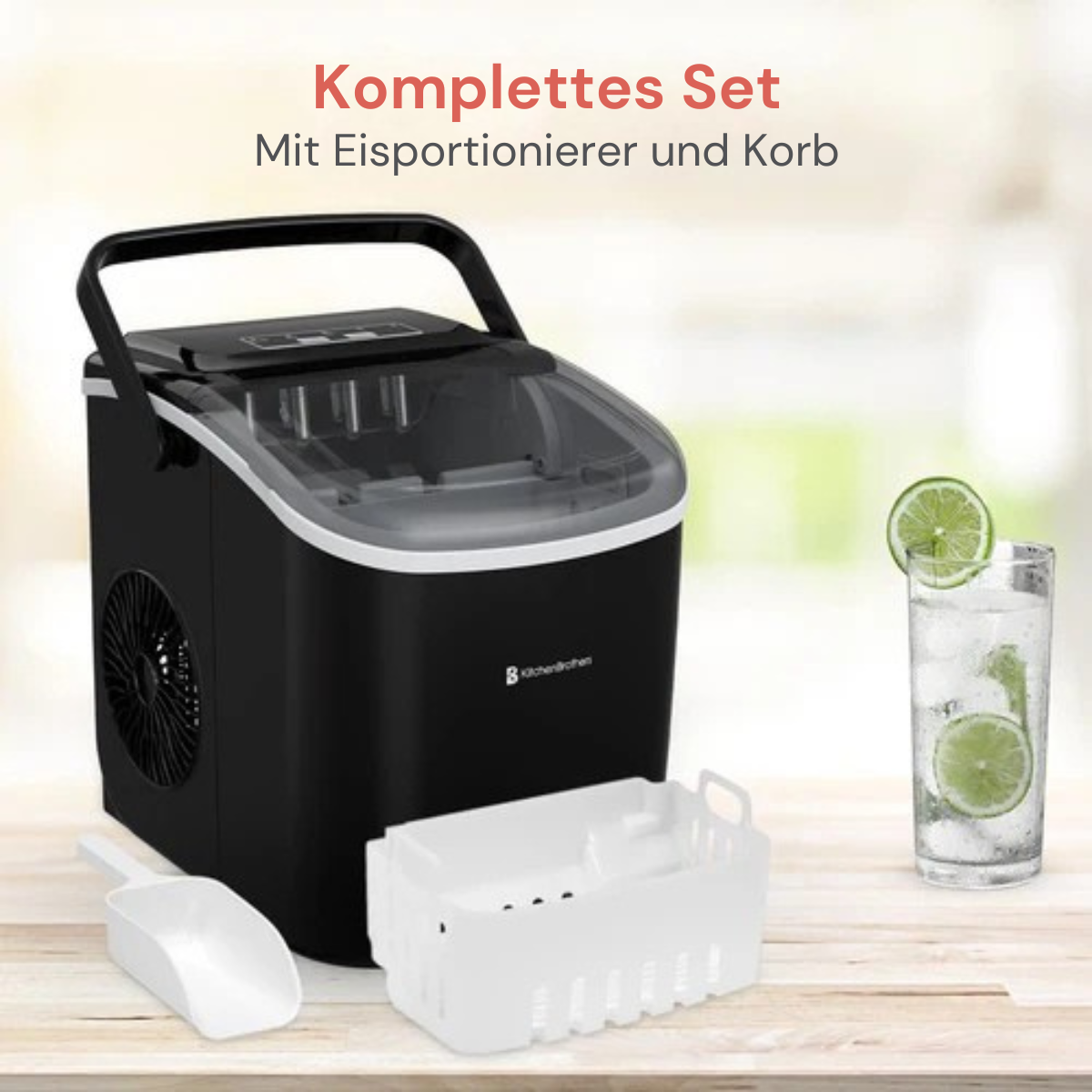 KitchenBrothers - Eiswürfelmaschine - mit Eisportionierer - Tragbar mit Handgriff - 1.2L - 7-10 min. - 12kg/24h - Schwarz