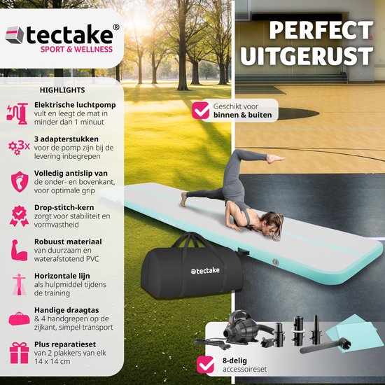 Tectake - Airtrack Matte - Aufblasbare Gymnastikmatte Air Flexy -Weichbodenmatte - Inkl. elektrischer Luftpumpe und Tragetasche - Größe 397 x 104 x 10 cm - türkis/grau