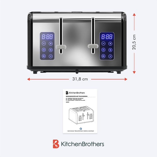 KitchenBrothers Toaster - Toaster - 6 Heizstufen - 4 extra breite Schlitze - Touch-Display - 1630W - Edelstahl/Schwarz