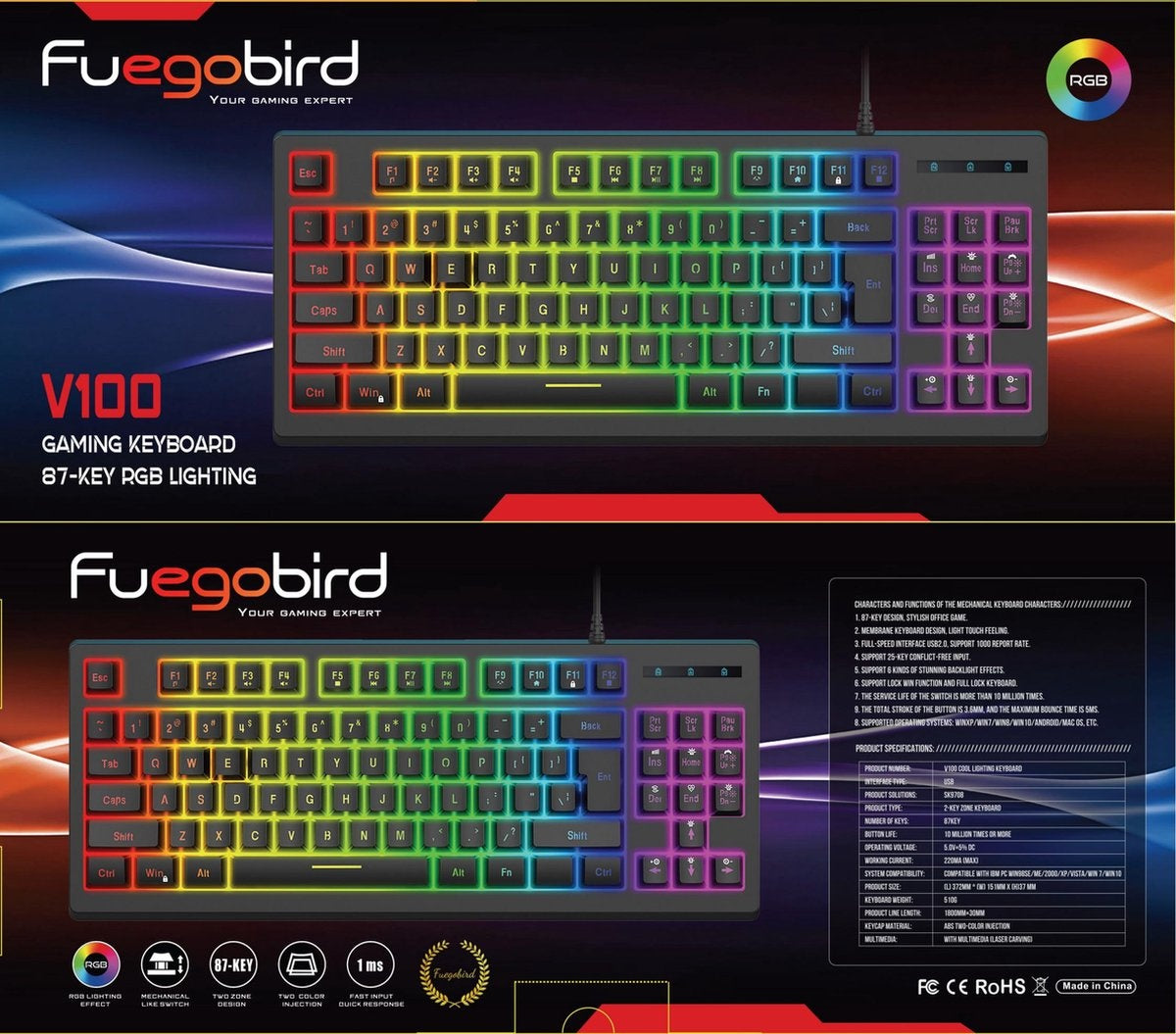 Fuegobird V100 Wired Gaming Keyboards - Membrantastatur - RGB Beleuchtung - TKL - 87 Tasten - Schwarz
