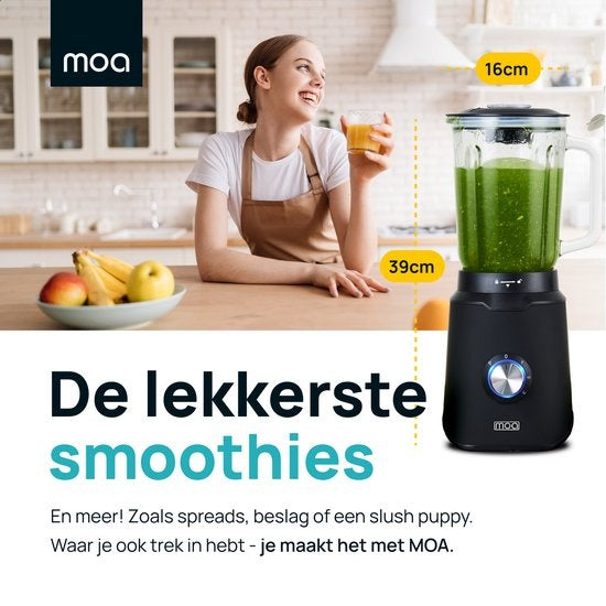 MOA Krachtige Blender - Met glazen kan - 1,5 liter - Zwart - 1000 Watt - TB61B