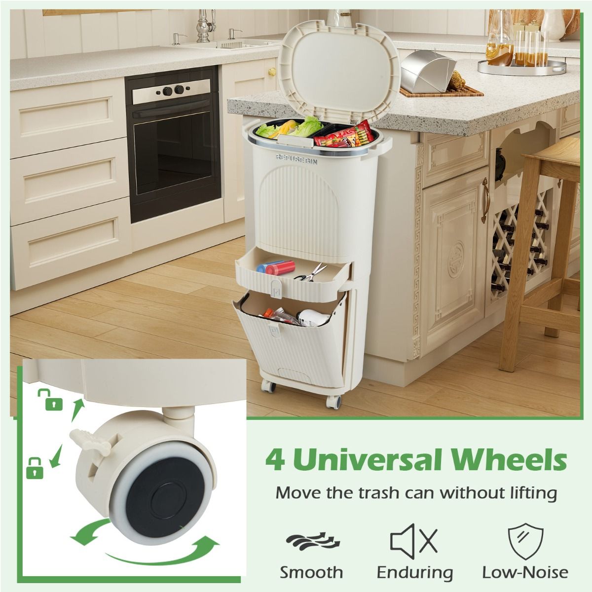 Coast Mülltrennbehälter – 3 Fächer – ausziehbare Schublade – Fußpedal – beige – 42 Liter