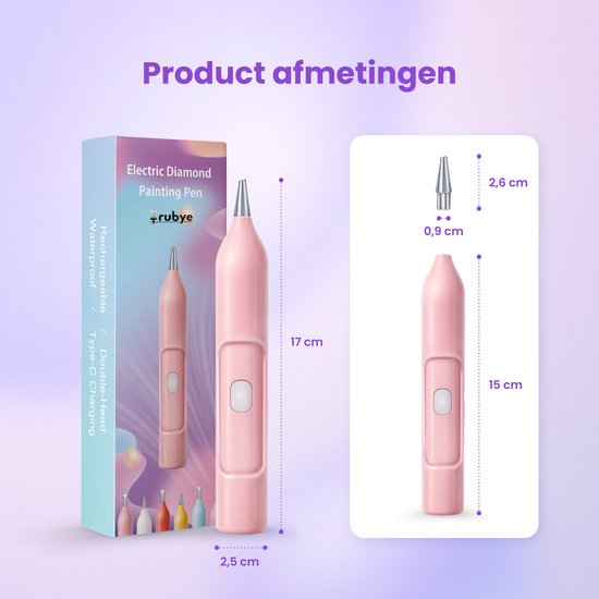 Rubye® - Elektrischer Diamantmalstift - Mit Vakuumtechnik - Wiederaufladbar über USB-C - Komfortabel in der Anwendung - Für runde und eckige Steine - Pink