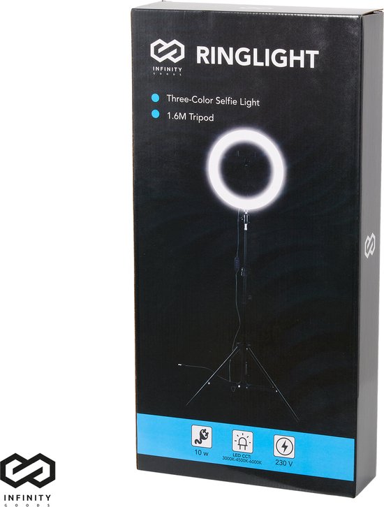Infinity Goods Ringlicht mit Stativ - LED - 3 Farben - Verstellbares Stativ bis zu 186m - Inklusive Stecker - Selfie Ringlicht für Tiktok / Instagram / Youtube / Streaming / Arbeiten zu Hause - Schwarz