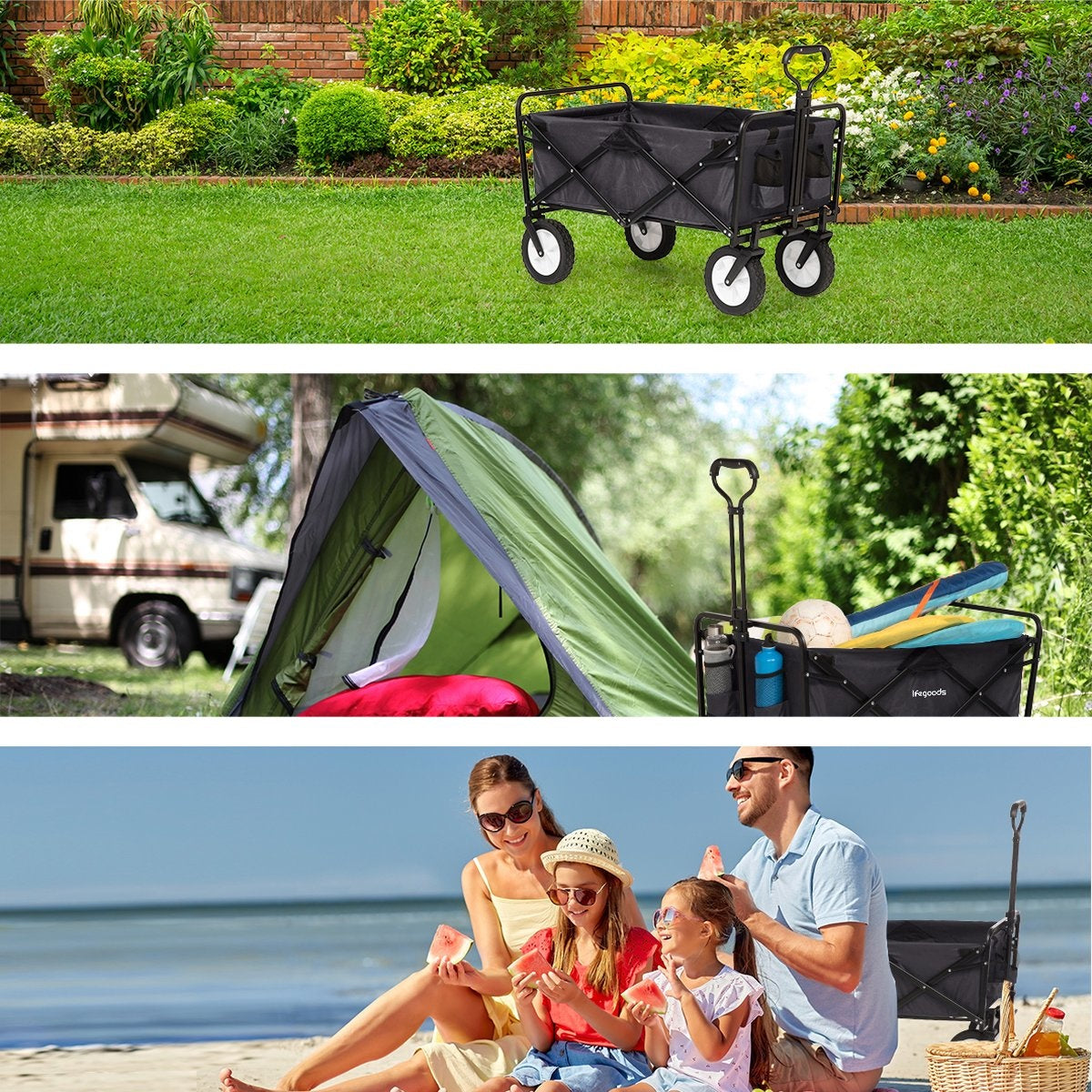 LifeGoods Bollerwagen - faltbar - drehbare Räder - 2 Ständer - 70kg Tragfähigkeit - Schwarz