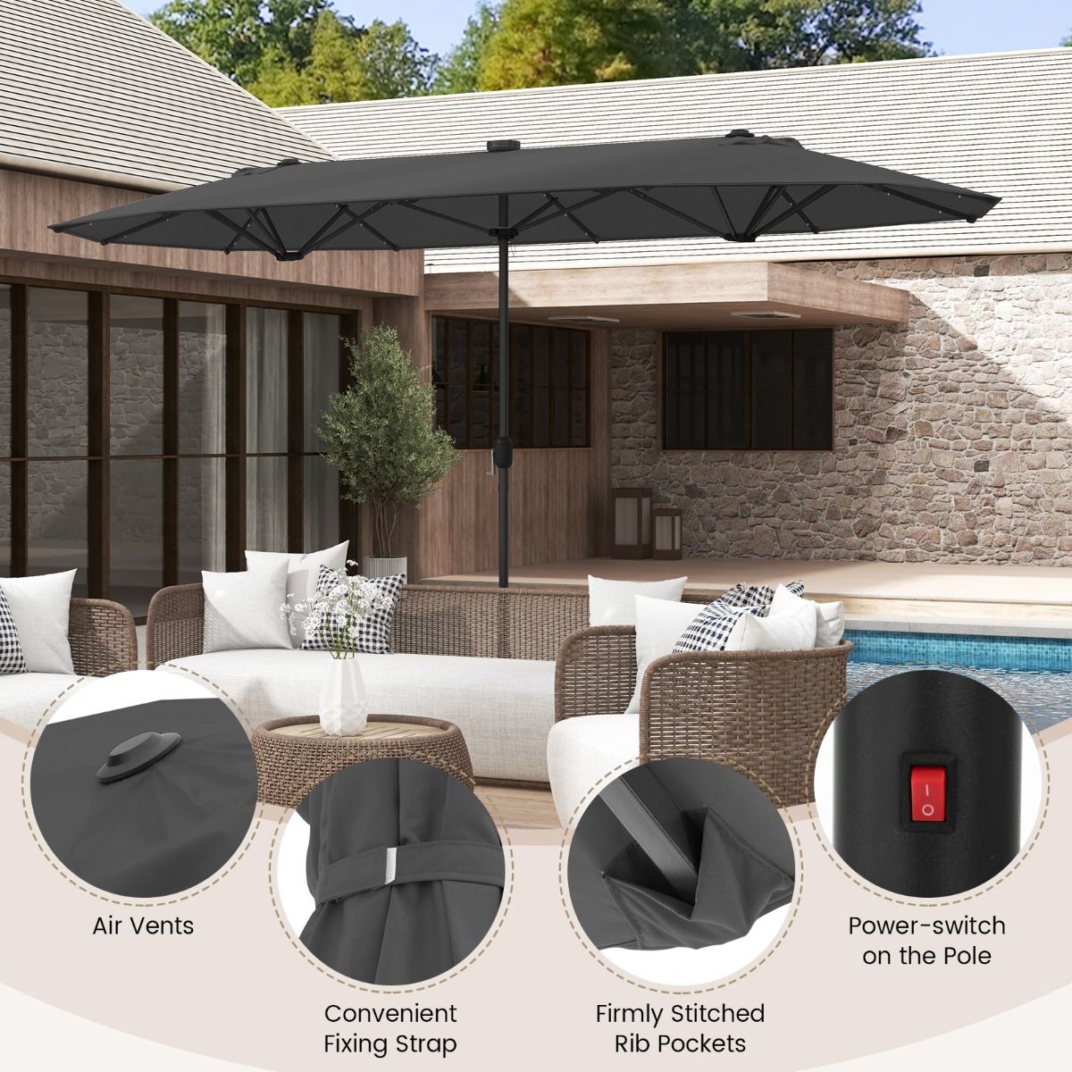 Coast Doppel-Gartenschirm mit solarbetriebenem LED-Licht – 400 x 200 cm – Grau