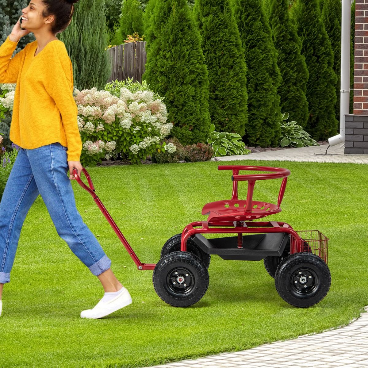 Coast Gartenwagen mit Rollsitz – ausziehbarer Griff – Stauraum – rot