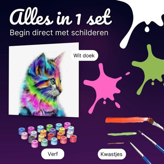 Rubye® Malen nach Zahlen Erwachsene - Bunte Katze - Inklusive Farbe und Pinsel - Leinwand Malerei Leinwand - Farbe nach Zahlen - 40x50cm