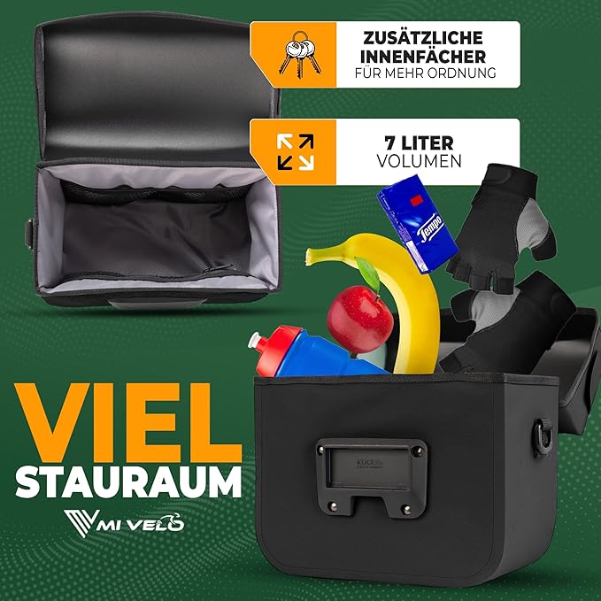 MIVELO - Lenkertasche - 100% wasserdicht & mit Handyfach - 7 Liter - 26 x 21 x 14cm - Schwarz