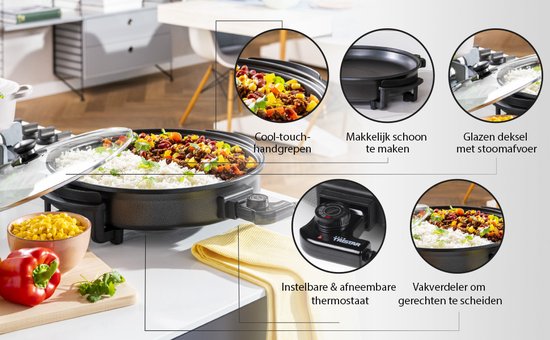 Tristar Kasserolle PZ-2964 - Elektrische Kasserolle mit Deckel 40 cm - Snackpfanne XXL - Antihaftbeschichtung und einstellbarer Thermostat - Höchsttemperatur 280⁰ C - Schwarz