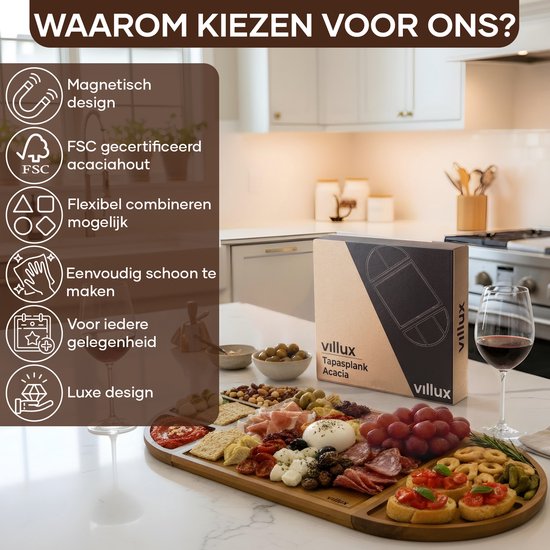 Villux Tapas-Brett – Snackbrett – Servierbrett – Käsebrett – Häppchenbrett – Tapas-Brett aus Akazie – Magnetisches Snackbrett – Inklusive E-Book – 66 cm