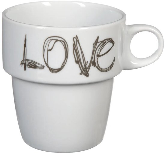 Secret de Gourmet Kaffeetassen/Becher „Love“ – 6 Stück im Metallständer – Keramik – glänzende Oberfläche – 260 ml – 8 x 9 cm