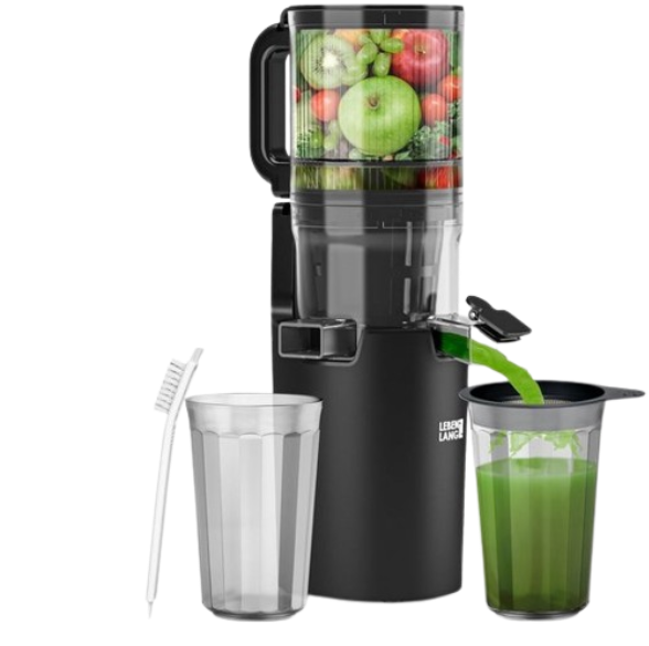 LEBENLANG Slow Juicer - Vertikale Saftpresse mit 12 cm Einfüllöffnung - 300W - Inklusive 2 Saftschalen - BPA-frei - Für ganzes Obst und Gemüse
