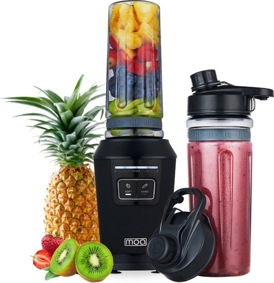 MOA Blender - Blender to Go - Mini-Mixer - 2 600ml Tritan Becher - Smoothie Maker - 800W - Schwarz - MB10B