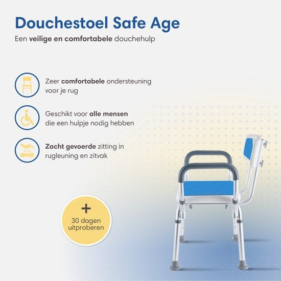 SafeLife Duschstuhl - Mit abnehmbarer Rückenlehne und Armlehne - Rutschfest - Höhenverstellbar - Duschhocker