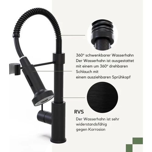 Noswo - Wasserhahn - mit ausziehbarem Brause - Küchenarmatur - Edelstahl - Schwarz