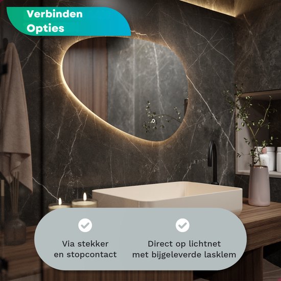 Mirlux Badezimmerspiegel mit LED-Beleuchtung - Asymmetrischer Wandspiegel - Organische Form - Anti-Kondensations-Duschspiegel - 90x60 CM