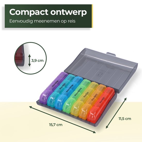 Gandria Pillenbox 7 Tage - Herausnehmbare Pillenbox - Medizinbox mit 28 Fächern - Medizinbox mit stabilem Verschluss - 4 Fächer pro Tag - 7 Farben