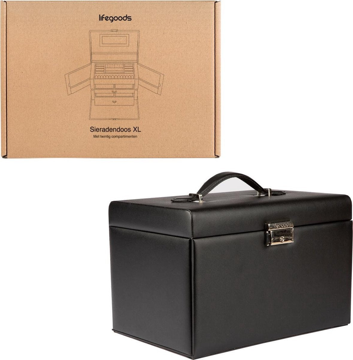 LifeGoods Schmuckkästchen XL - Schmuckaufbewahrung - 20 Fächer - Schwarz/Beige