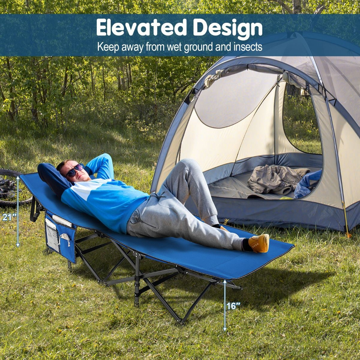 Coast Campingbett - mit Seitentasche - faltbar - Reisestuhl - max 272 kg - blau