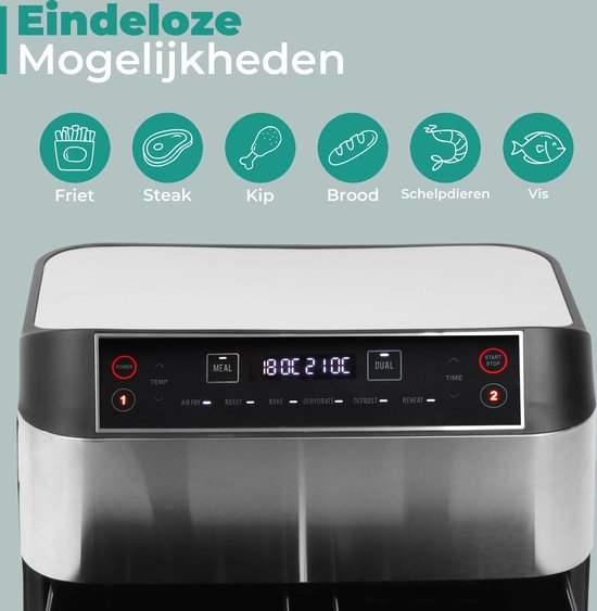 Niceey - Double Airfryer - XXL - Zwei Garräume - 8,0 Liter - 2460 Watt - Heißluftfritteuse - inkl. Kochbuch - Silber