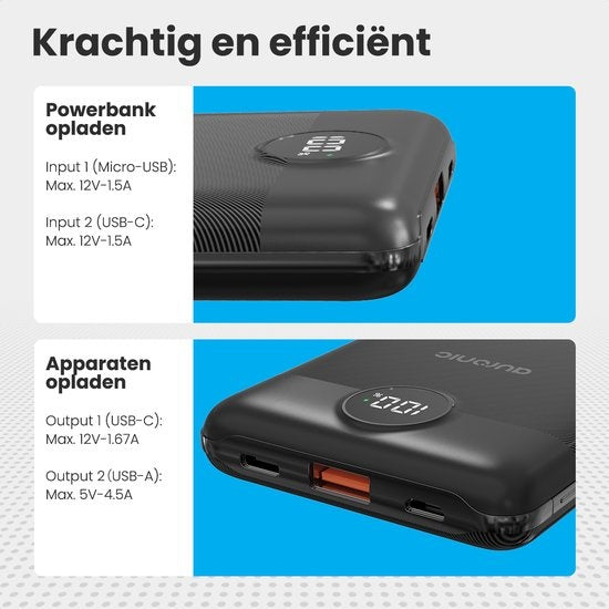 Auronic Powerbank - Schnellladegerät für iPhone und Samsung - 10.000 mAh - 22,5 W - 2 Ladeanschlüsse - Schnellladen über USB-A und USB-C - Schwarz