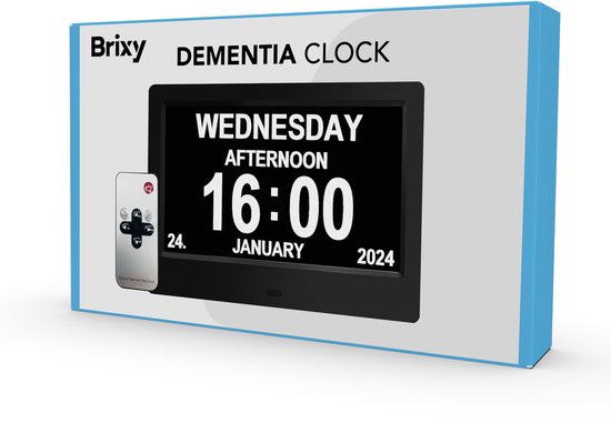 Brixy Demenzuhr XXL – 24 Alarmfunktionen – inkl. Fernbedienung – automatische Dimmfunktion – Kalenderuhr – schwarz