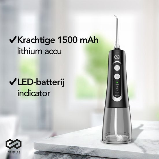 Infinity Goods Water Flosser - Oral Washer - Elektrische Zahnseide - Schnurlos und wiederaufladbar - 5 Aufsätze - Schwarz