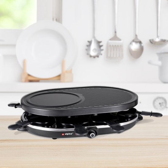 Alpina Gourmet-Set für 8 Personen – Gourmet-Set – Backblech mit Pfännchen und Pfannenwendern – Raclette-Grill zum Gourmet-Genuss – 1200 W