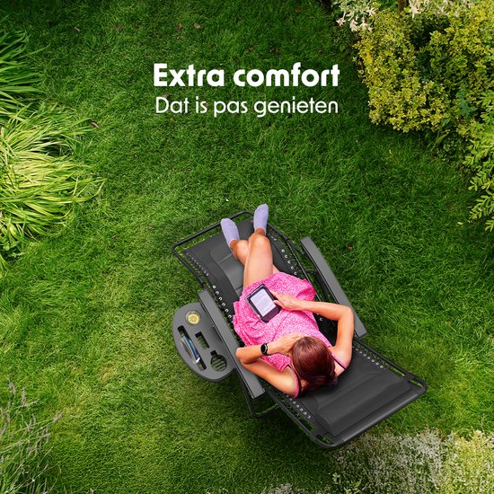 LifeGoods Lounger Comfort - klappbar - 30°-90° verstellbar - Tassen- und Telefonhalter - Gartenstuhl - Schwarz