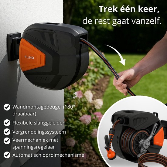 FlinQ Gartenschlauchaufroller 30 Meter – Automatischer Schlauchaufroller – Um 180° drehbarer Wandaufroller – Wandschlauchbox mit Gartenschlauch, Aufroller und Sprühkopf – 9 Sprühstufen