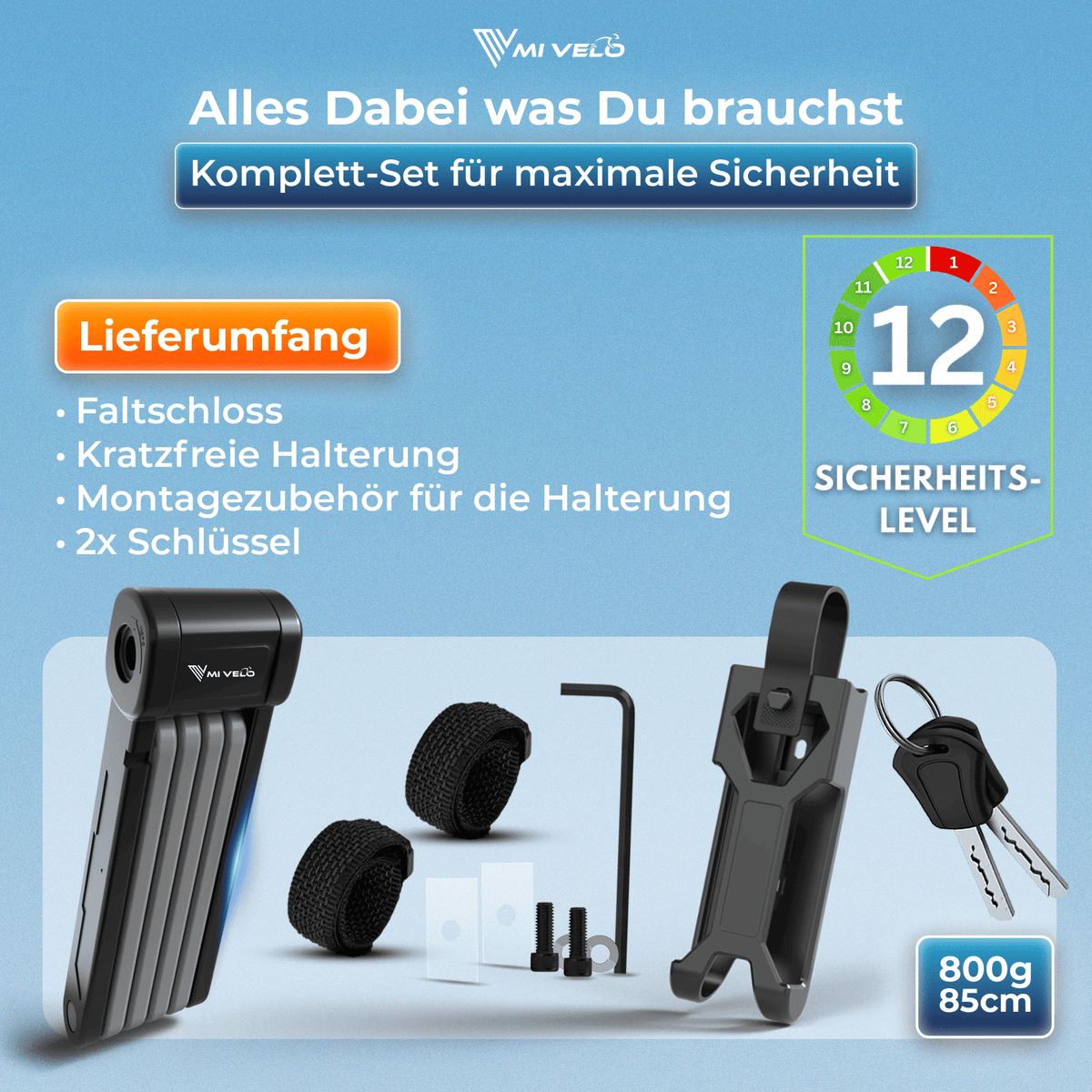 MIVELO Faltschloss mit Schlüssel – 85 cm – Schwarz – Kohlenstoffstahl