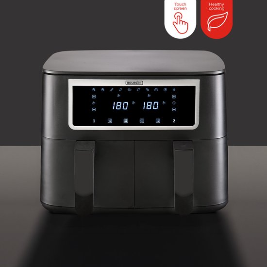 Bourgini Duo Heißluftfritteuse - 2 x 4,0L – PFAS-frei – XXL – 2 Einschübe mit Synchronisationsfunktion – Touchscreen – 8L – 2600 W – Schwarz