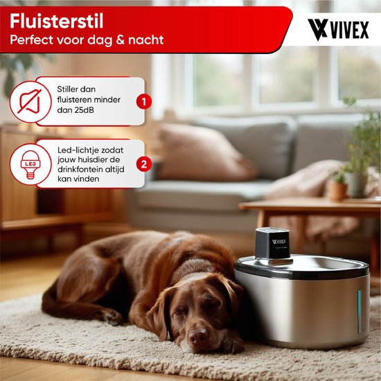 Vivex® Kabelloser Trinkbrunnen - Edelstahl - 4,5 Liter - Trinkbrunnen für Katzen und Hunde - Mit Sensor und Batterie - Inkl. 6 Filtern und Reinigung - Flüsterleise