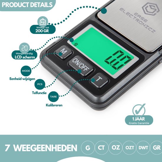 Ease Electronicz Digitale Mini-Präzisions-Küchenwaage - 0,1 bis 200 Gramm - 11,6 x 6,1 cm - Taschenwaage - inklusive 2x AAA-Batterien