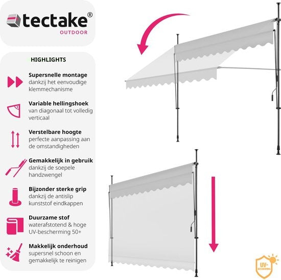 tectake - Klemmmarkise - Sonnenschirm - Markise - Verstellbar - Klemmmarkise - Sonnenschirm Balkon - 300 x 180 cm - hellgrau - Markise - 404963