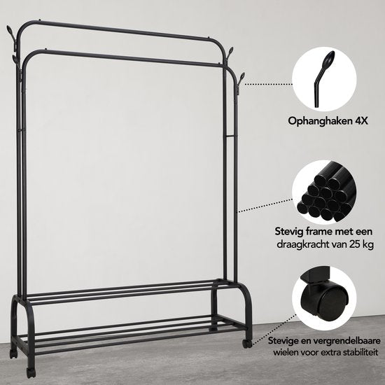 Brixy Kleiderständer - Kleiderständer doppelt - Garderobenständer auf Rädern - Kleiderständer mit Schuhregal - 98 x 34 x 159 cm - Schwarz