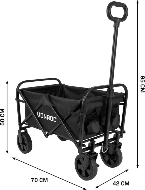 VONROC Bolderkar - Kompaktes Modell - Zusammenklappbar - 60 kg Tragkraft - 50l Fassungsvermögen - Solide Anti-Leck-Räder - Stabiler Stahlrahmen - Polyester 600D - Schwarz