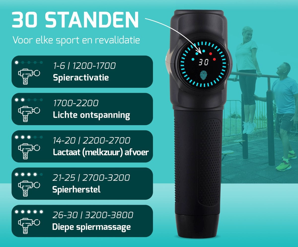 FITAGE Massage Gun Professional - 12 Aufsätze - 30 Modi - Schwarz