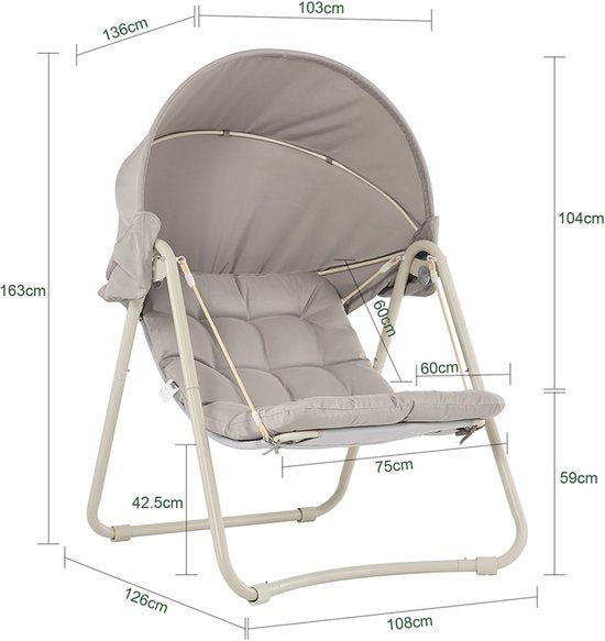 SoBuy OGS62-MI Schaukelstuhl mit verstellbarem Sonnenschirm – Für drinnen und draußen – Hängematte und Gartenstuhl für den Außenbereich – beige, 108 x 126 x 163 cm