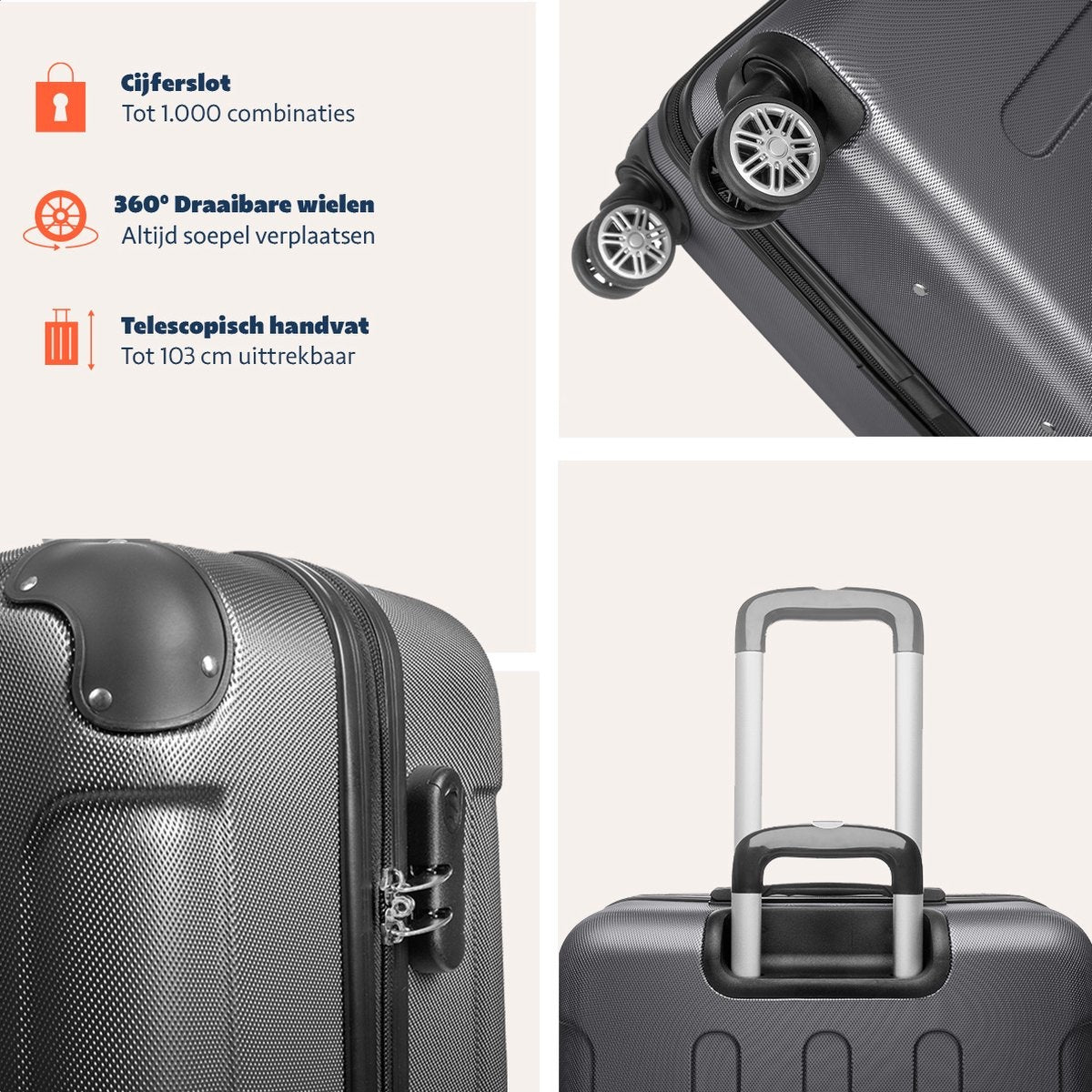 TRVLMORE - Kofferset - 3 Stück - 38L (Handgepäck) + 70L + 110L - Dunkelgrau