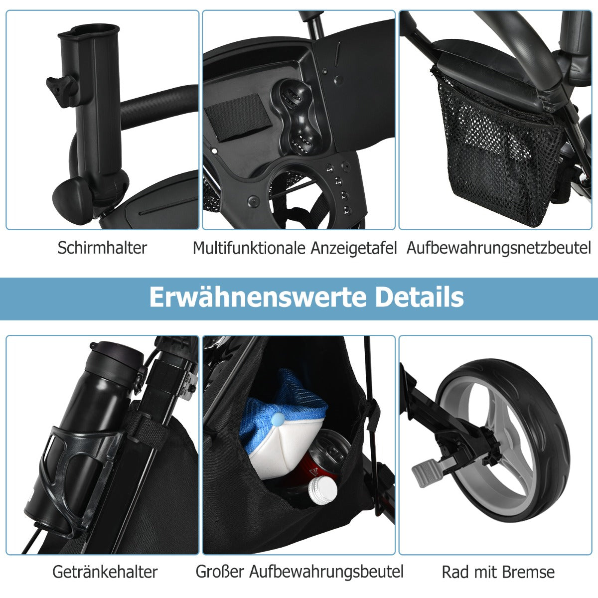 Coast Golf Trolley mit Schirmhalterung und Stuhl - 130 x 75 x 120 cm - Grau/Schwarz