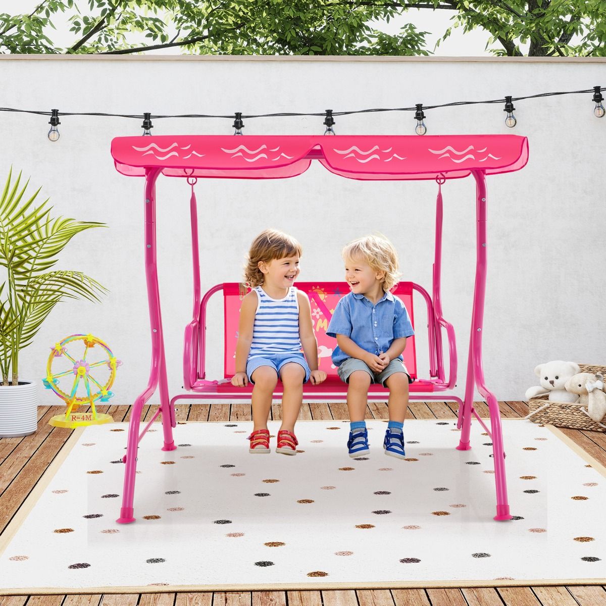 Coast Kinderschaukel 2-Sitzer für Terrasse und Außenbereich, Rosa, 112 x 76,5 x 111 cm, mit Metallgestell, verstellbarem Baldachin und Sicherheitsgurten