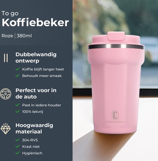 Castagnola Thermosbecher - Kaffeebecher To Go - Reisebecher für Kaffee und Tee - Teebecher - 380 ML - Edelstahl - Rosa - Achteck