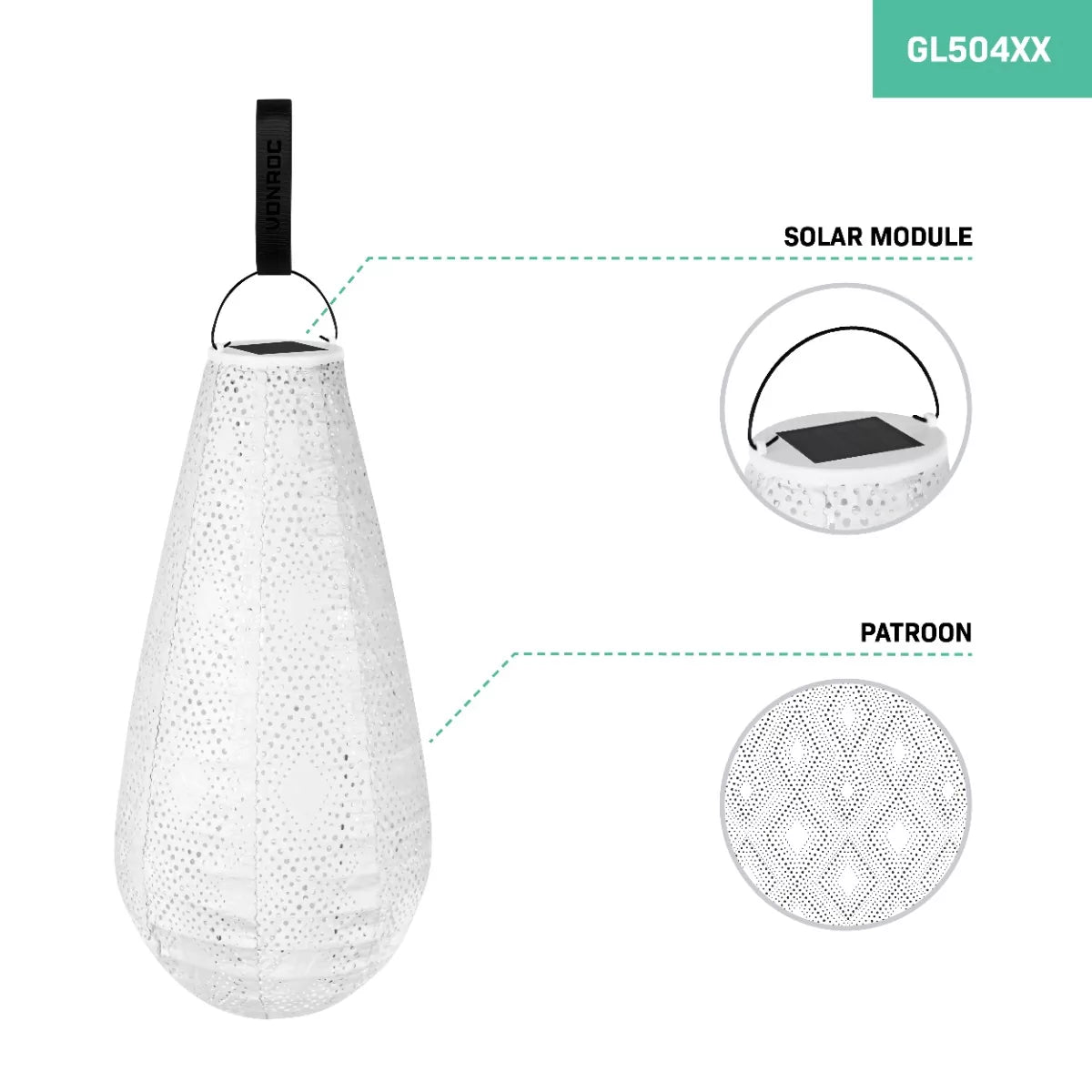VONROC - Luna Solarlaterne Tropfen mit LED - Weiß - Handgefertigt - wetterfestes Material - 40x20 cm