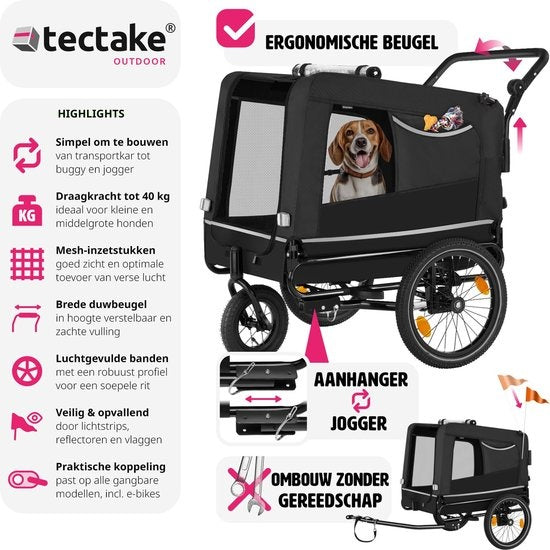 tectake - Dog WoofRider Fahrradanhänger - schwarz - vielseitig, zusammenklappbar, bis zu 40 kg - Hundebuggy Hundekinderwagen - 404946