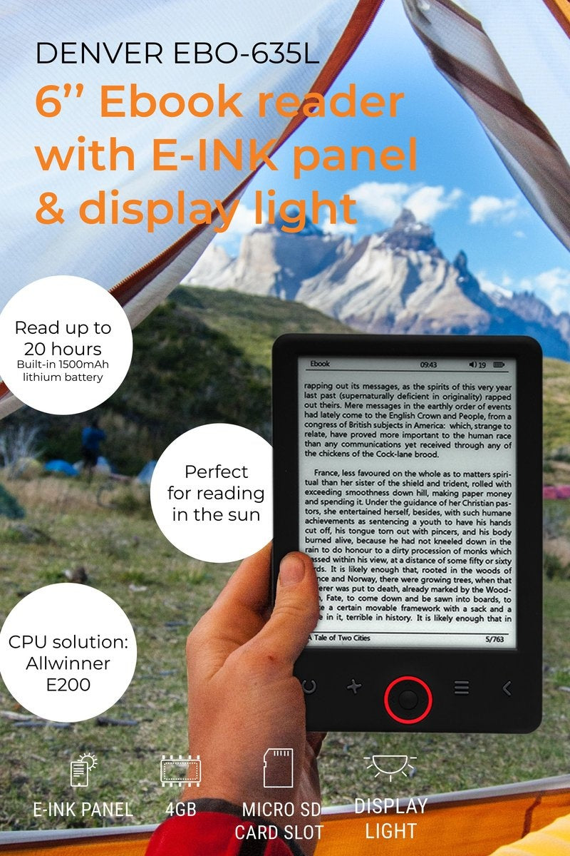 Denver E Reader 6 Zoll - E-Book-Reader 4GB - A Qualität Grande Carta - MicroSD-Eingang - EBO635L