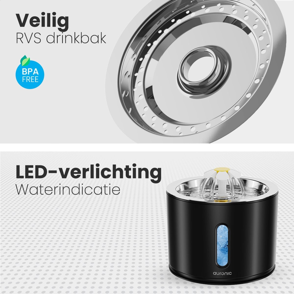 Auronic Trinkbrunnen - Wasserbrunnen für Katzen und Hunde - 2.4L - Tiertränke - Inkl. 3 Filter und 2 Bürsten - Schwarz