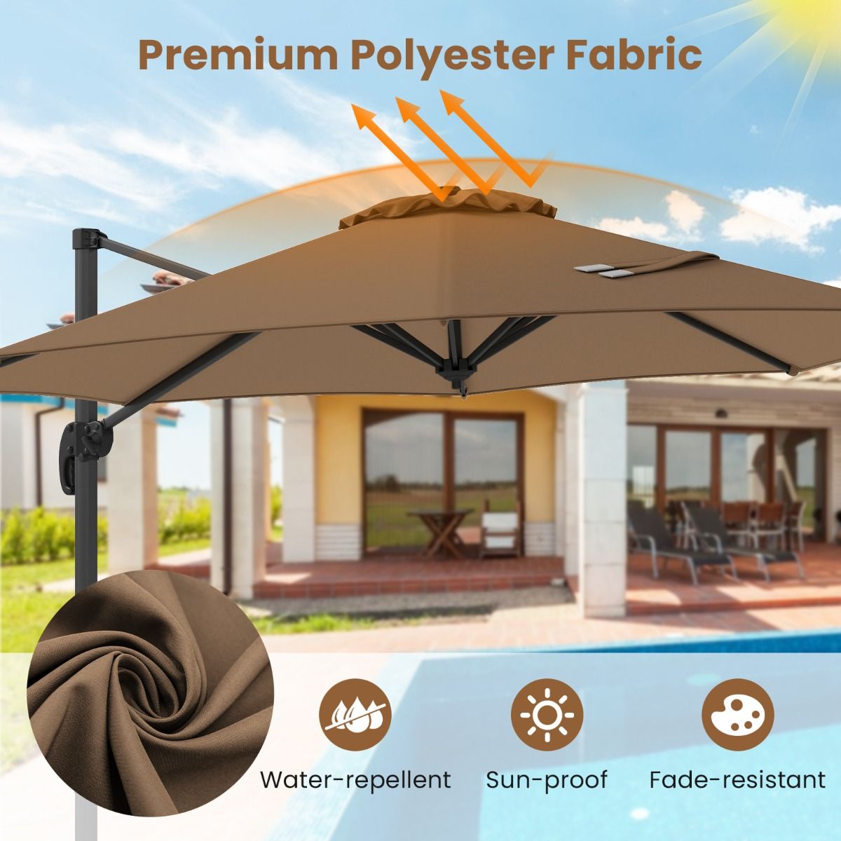 Coast Runder Schwebesonnenschirm – 5-fach verstellbar – um 360° drehbar – Aluminiumstange – 308 x 248 cm – braun